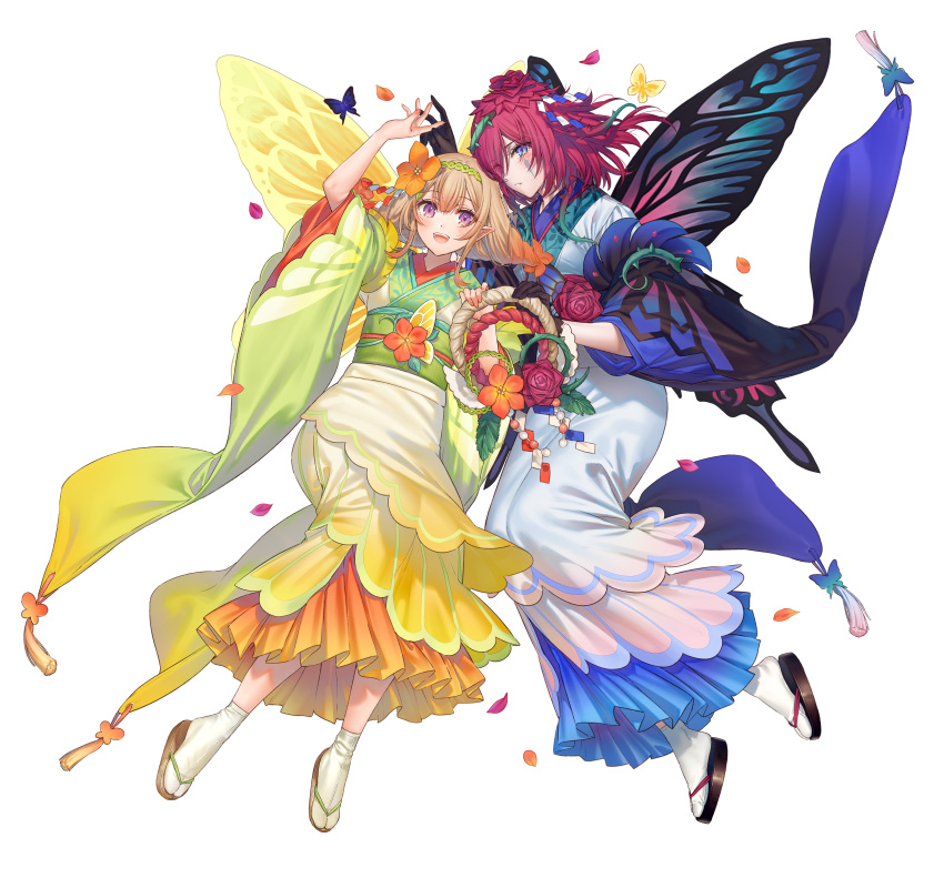 2girls absurdres bangs black_gloves blonde_hair blue_eyes blue_hair bug butterfly commentary_request confetti facial_mark fairy_wings fire_emblem fire_emblem_heroes full_body gloves gradient gradient_hair hair_ornament hair_over_one_eye highres holding insect japanese_clothes kimono kippu long_hair looking_at_viewer multicolored_hair multiple_girls official_art orange_hair peony_(fire_emblem) petals pointy_ears purple_hair sandals shimekazari smile tanbi triandra_(fire_emblem) white_background white_legwear wide_sleeves wings