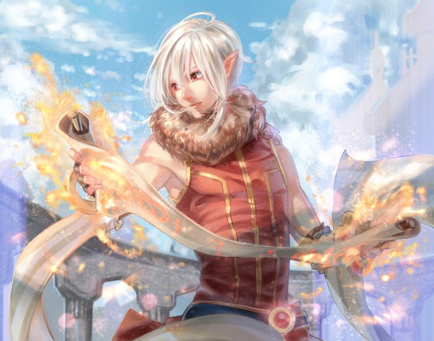 1boy animal_around_neck architecture bangs closed_mouth clouds commentary_request day detached_sleeves fox hair_between_eyes hikarusorano holding holding_scroll looking_to_the_side magic male_focus medium_hair outdoors pointy_ears professor_(ragnarok_online) ragnarok_online red_eyes red_shirt scroll shirt sky sleeveless sleeveless_shirt solo standing upper_body white_hair white_sleeves