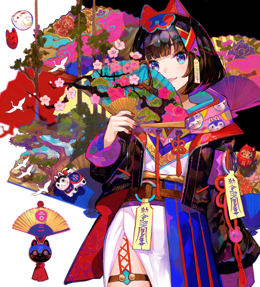1girl belt black_hair black_jacket blue_eyes colorful cowboy_shot dress fan flower folding_fan fox_mask fuzichoco hat highres holding jacket long_sleeves looking_at_viewer mask nail_polish open_clothes open_jacket open_mouth original pink_flower red_nails short_hair smile solo tassel tree_branch white_dress