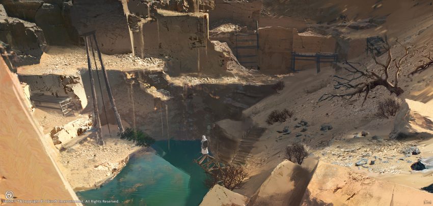 1boy assassin's_creed:_origins assassin's_creed_(series) bare_tree bayek bush cliff cloak commentary_request darkhikari day desert egyptian from_above from_behind full_body highres outdoors platform pond rock scenery shield solo standing stone tree ubisoft water watermark white_cloak wood wooden_bridge