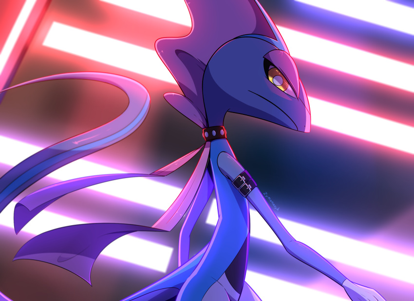 arm_belt artist_name choker closed_mouth commentary english_commentary from_side gen_8_pokemon highres inteleon looking_at_viewer neon_lights pokemon pokemon_(creature) shiny solo spikemuth watermark yellow_eyes zymonasyh