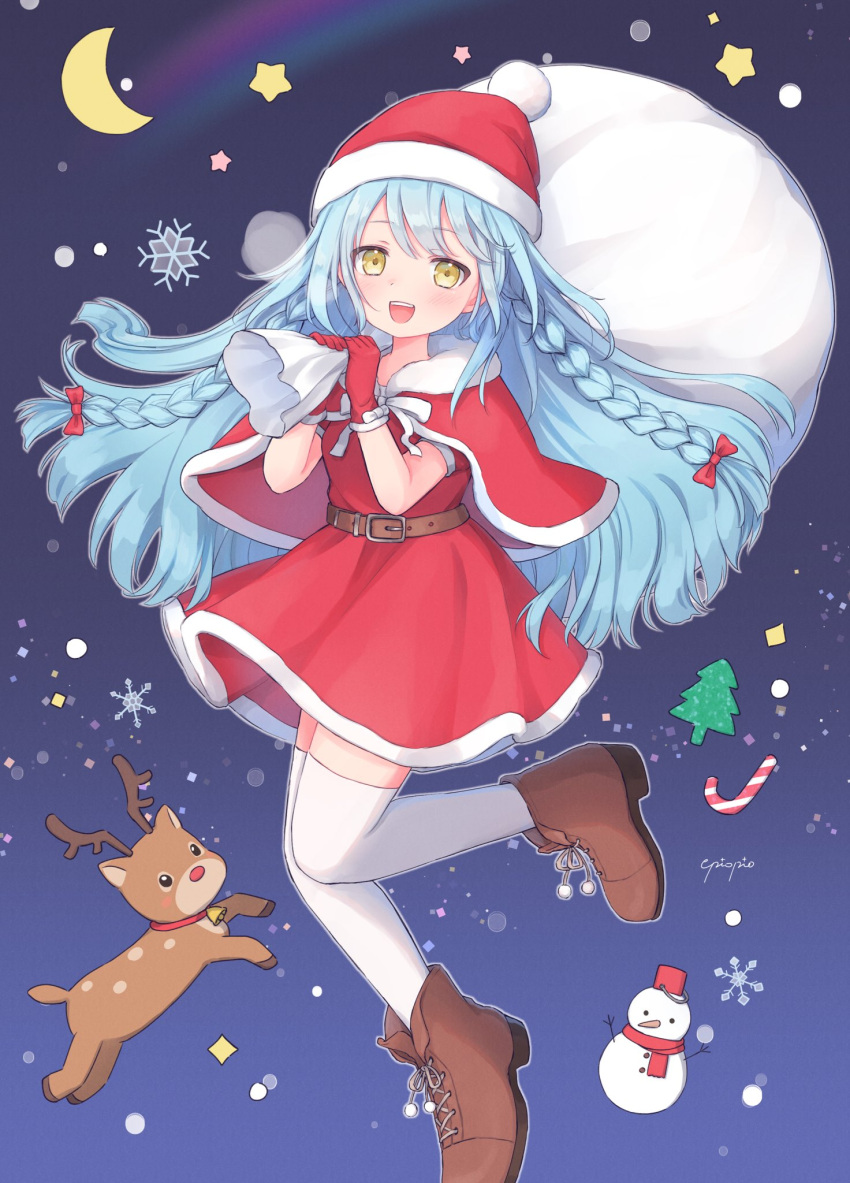 1girl artist_name bangs belt blue_hair braid brown_belt brown_footwear candy candy_cane capelet christmas christmas_tree commentary crescent_moon cross-laced_footwear dress food full_body fur-trimmed_capelet fur_trim gloves hair_ribbon hat highres holding holding_sack long_hair looking_at_viewer moon open_mouth original over_shoulder pioxpioo red_capelet red_dress red_gloves red_headwear red_ribbon reindeer ribbon sack santa_dress santa_gloves santa_hat shoes short_dress signature smile snowflake_background snowman solo standing standing_on_one_leg starry_background symbol_commentary thigh-highs twin_braids white_legwear yellow_eyes