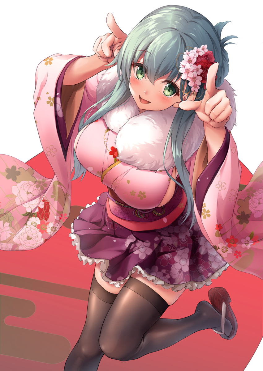 1girl aqua_hair awa_yume blush breasts floral_print flower from_below green_eyes hair_between_eyes hair_flower hair_ornament highres japanese_clothes kantai_collection kimono large_breasts long_hair looking_at_viewer open_mouth pink_kimono purple_kimono sideboob sidelocks solo suzuya_(kantai_collection) thigh-highs wide_sleeves
