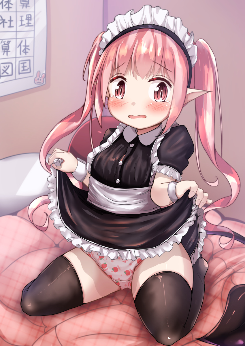 1girl apple_print bangs black_dress black_legwear blush breasts collared_dress commentary_request demon_girl demon_tail dress dress_lift eyebrows_visible_through_hair frilled_dress frills highres indoors lifted_by_self long_hair maid maid_headdress mochiyuki on_bed original panties parted_lips pillow pink_hair pointy_ears print_panties puffy_short_sleeves puffy_sleeves red_eyes short_sleeves sidelocks sitting small_breasts solo succubus tail tears thigh-highs twintails underwear very_long_hair wariza wavy_mouth white_panties wrist_cuffs