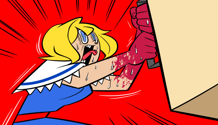 1girl alice_margatroid blonde_hair blood blood_on_hands blue_dress blue_eyes capelet comedy commentary_request cookie_(touhou) dress emphasis_lines highres open_mouth parody_request red_background red_sash sash shiny shiny_skin shitsumin shouting solo sweat tongue tongue_out touhou upper_body web_(cookie) white_capelet