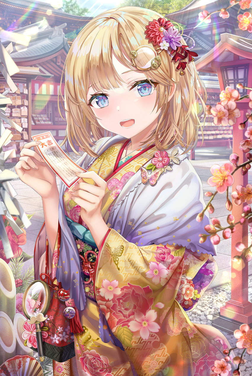 1girl :d architecture bangs blonde_hair blue_eyes blush butterfly_ornament commentary_request day east_asian_architecture floral_print flower hair_flower hair_ornament hands_up highres holding hololive hololive_english japanese_clothes kimono long_sleeves looking_at_viewer magnifying_glass medium_hair monocle_hair_ornament mustache_print obi open_mouth outdoors print_kimono purple_flower red_flower red_ribbon ribbon sash smile solo torino_akua virtual_youtuber watson_amelia wide_sleeves