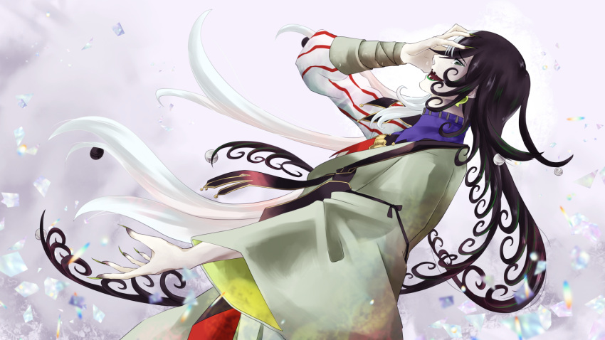 1boy ashiya_douman_(fate) asymmetrical_clothes asymmetrical_hair bell black_eyes black_hair crystal curly_hair earrings falling fate/grand_order fate_(series) fingernails from_side green_eyeshadow green_kimono green_lipstick green_nails hair_bell hair_between_eyes hair_intakes hair_ornament hand_on_own_face japanese_clothes jewelry k:a_(mnkamn) kimono lipstick long_hair magatama magatama_earrings makeup male_focus multicolored_hair open_clothes open_hands open_kimono ribbed_sleeves sharp_fingernails solo two-tone_hair upper_body very_long_fingernails very_long_hair white_hair