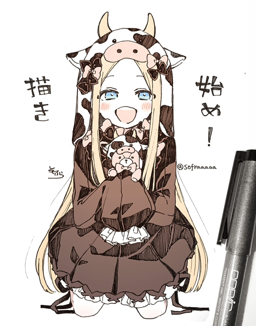 1girl :d abigail_williams_(fate/grand_order) animal_ears bangs black_bow black_dress black_headwear blonde_hair blue_eyes blush bow bug butterfly commentary_request cow_ears cow_hood cow_horns dress fake_animal_ears fake_horns fate/grand_order fate_(series) forehead full_body hair_bow hat highres holding holding_stuffed_toy horns insect kneeling long_hair long_sleeves looking_at_viewer open_mouth orange_bow parted_bangs photo_(medium) polka_dot polka_dot_bow signature simple_background sleeves_past_fingers sleeves_past_wrists smile sofra solo stuffed_animal stuffed_toy teddy_bear traditional_media translation_request twitter_username upper_teeth very_long_hair white_background