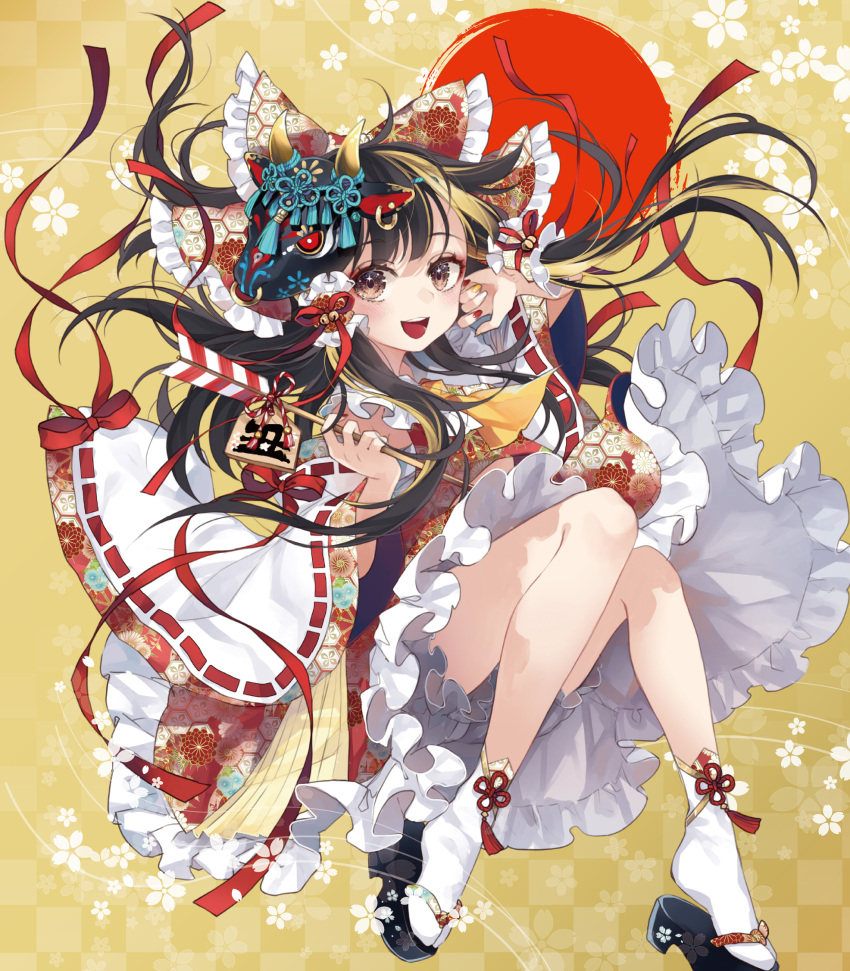 1girl arrow_(projectile) ascot bell black_hair bloomers bow brown_eyes checkered checkered_background commentary_request cow_mask detached_sleeves ema embellished_costume floral_background floral_print flower frilled_bow frilled_skirt frills hair_bow hair_tubes hakurei_reimu hamaya highres holding holding_arrow invisible_chair jingle_bell looking_at_viewer mask mask_on_head nail_polish new_year open_mouth red_bow red_ribbon ribbon ribbon-trimmed_sleeves ribbon_trim sandals sitting skirt smile solo tabi tassel too_many too_many_frills touhou toutenkou underwear upper_teeth white_legwear yellow_background yellow_neckwear