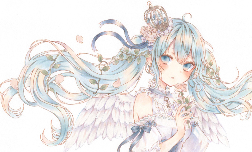 1girl :o angel_wings aqua_eyes aqua_hair blue_ribbon crown detached_sleeves feathered_wings flower frills hair_between_eyes hatsune_miku highres marker_(medium) open_mouth paruno pink_flower pink_rose ribbon rose solo traditional_media twintails vocaloid white_background white_sleeves white_wings wings