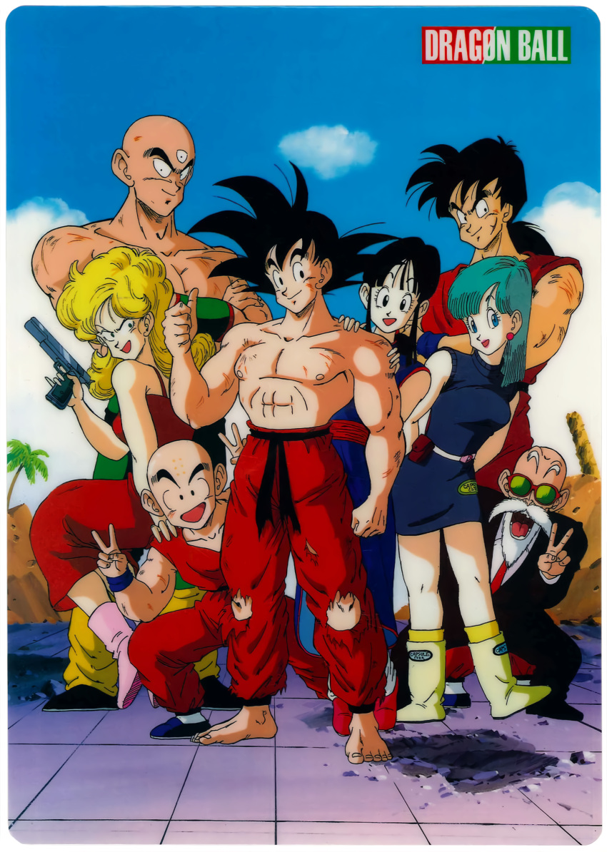 1980s_(style) 3girls 5boys aqua_hair arms_behind_back bald barefoot black_hair blonde_hair blue_eyes boots bulma chi-chi_(dragon_ball) copyright_name day double_v dougi dragon_ball dragon_ball_(classic) earrings gun handgun hands_on_another's_shoulders highres holding holding_gun holding_weapon jewelry kuririn looking_at_viewer lunch_(dragon_ball) multiple_boys multiple_girls muscular muscular_male muten_roushi official_art old old_man open_mouth outdoors pistol retro_artstyle shirtless smile son_goku standing sunglasses tenshinhan third_eye toriyama_akira torn_clothes v weapon yamcha