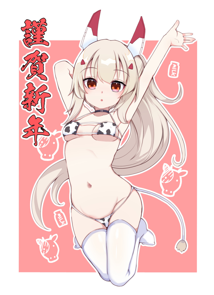 1girl :o animal_print arms_up ayanami_(azur_lane) azur_lane bangs bikini black_choker breasts brown_hair chinese_zodiac choker collarbone commentary_request cow_print cow_tail eyebrows_visible_through_hair eyepatch_bikini full_body groin hair_between_eyes hair_ornament headgear highres long_hair looking_at_viewer medium_breasts navel outline parted_lips ponytail print_bikini red_eyes sidelocks solo swimsuit tail takara_akihito thigh-highs translation_request very_long_hair white_legwear white_outline year_of_the_ox