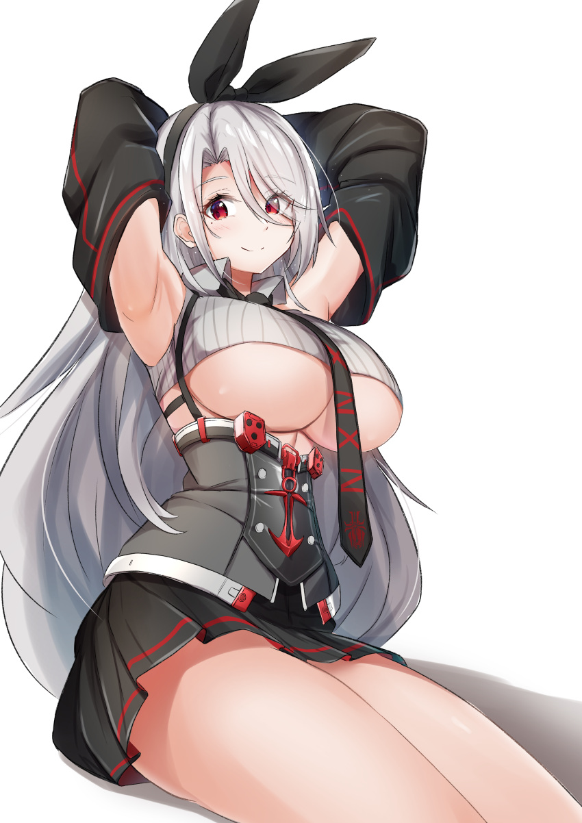 1girl absurdres anchor_symbol armpits arms_behind_head arms_up azur_lane bangs black_hairband black_neckwear black_skirt black_sleeves blush breasts collared_shirt commentary cowboy_shot crop_top detached_sleeves eyebrows_visible_through_hair eyes_visible_through_hair hair_between_eyes hair_over_one_eye hairband high-waist_skirt highres iron_blood_(emblem) j_yak47 large_breasts long_hair looking_at_viewer mole mole_under_eye necktie pleated_skirt prinz_heinrich_(azur_lane) red_eyes ribbed_shirt shirt sidelocks simple_background skirt smile solo standing under_boob very_long_hair white_background