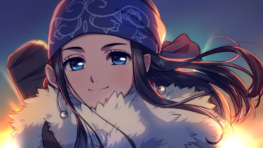 1girl ainu ainu_clothes asirpa backlighting bandana black_hair blue_bandana blue_eyes cape closed_mouth commentary earrings floating_hair fur_cape golden_kamuy gradient_sky highres hoop_earrings jewelry long_hair sayshownen sky smile solo sun twilight twitter_username upper_body watermark