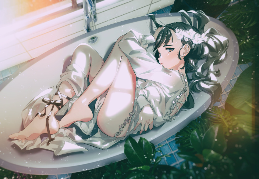 1girl absurdres ankle_ribbon bangs barefoot bathtub black_eyes black_hair black_ribbon blurry_foreground dappled_sunlight dress fetal_position frilled_panties frills from_above half-closed_eyes hand_in_hair hand_on_own_head highres indoors light_frown long_dress long_hair long_sleeves looking_at_viewer lying on_side original panties parted_lips plant ribbon shiomi_(lowrise) side_slit skindentation solo sunlight tile_floor tiles underwear white_dress white_panties window