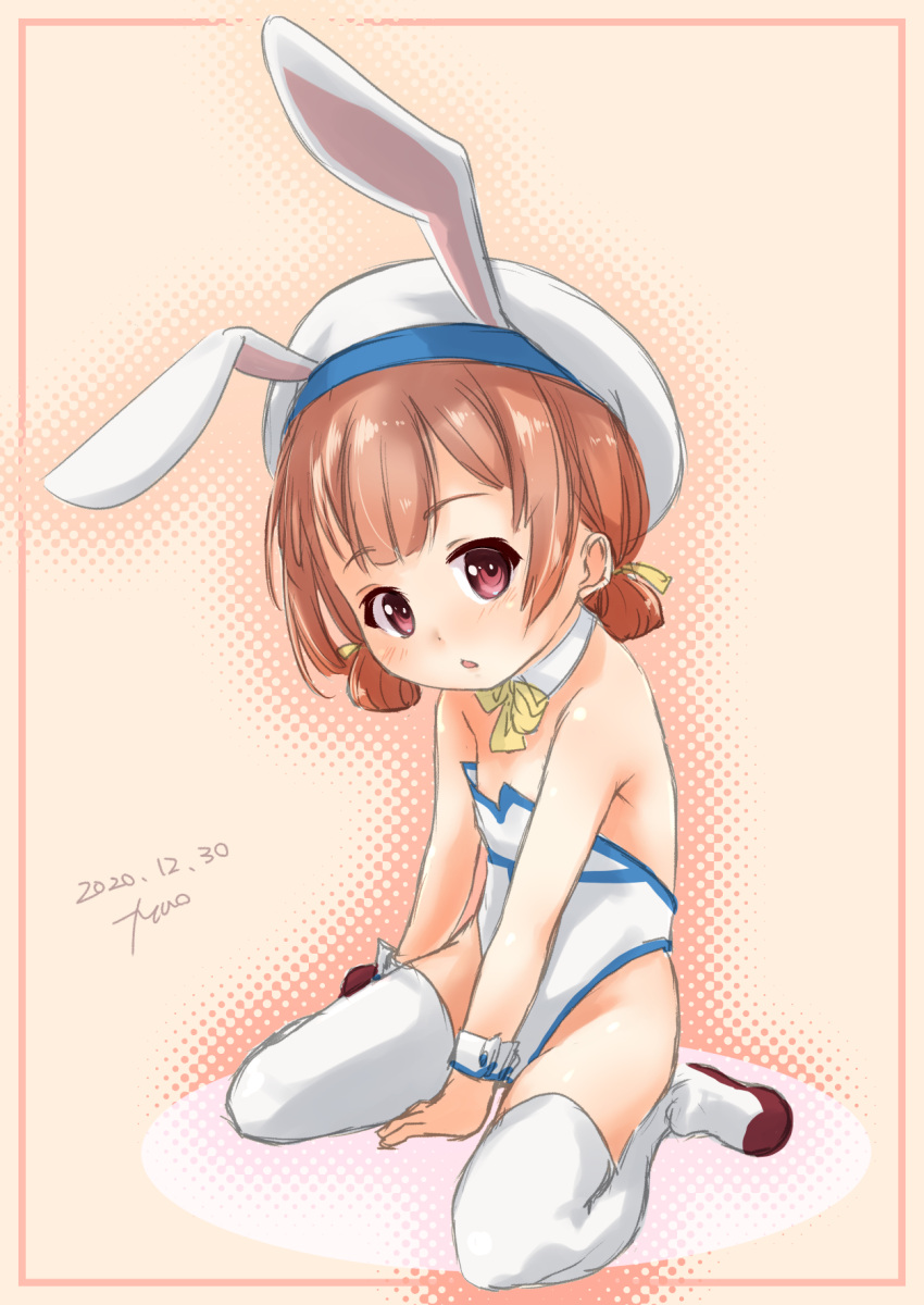 1girl adapted_costume animal_ears ascot brown_eyes brown_hair commentary_request detached_collar fake_animal_ears full_body fyuo hair_rings hat highres kaiboukan_no._4_(kantai_collection) kantai_collection leotard long_hair looking_at_viewer low_twintails playboy_bunny rabbit_ears sailor_hat shoes sitting solo strapless strapless_leotard thigh-highs twintails uwabaki wariza white_headwear white_legwear white_leotard wrist_cuffs yellow_neckwear