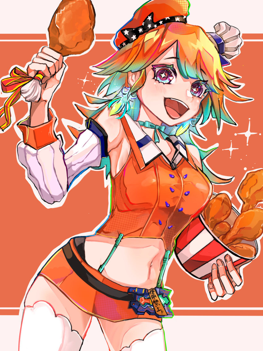 1girl absurdres belt breasts chef_hat chicken_leg detached_sleeves earrings feather_earrings feathers food gradient_hair green_hair hat highres holding holding_food hololive hololive_english jewelry mamiya_miya medium_breasts midriff miniskirt multicolored_hair navel open_mouth orange_hair orange_headwear orange_skirt skirt solo sparkling_eyes thigh-highs virtual_youtuber white_headwear