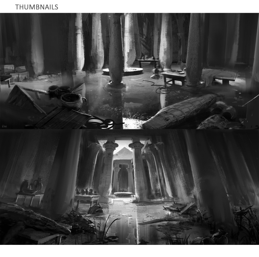 assassin's_creed:_origins assassin's_creed_(series) column commentary_request courtyard darkhikari destruction egyptian english_text grass greyscale highres jug letterboxed monochrome no_humans pillar pot sarcophagus scenery signature table temple water