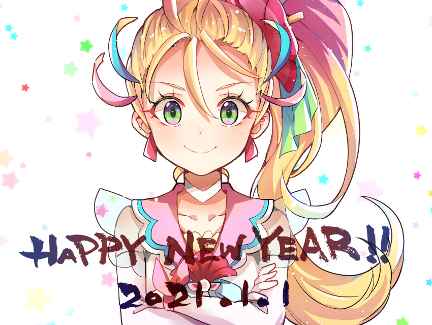 1girl 2021 blonde_hair blue_hair choker closed_mouth collarbone commentary_request crossed_arms cure_summer green_eyes happy_new_year highres lazy_orange long_hair looking_at_viewer magical_girl multicolored_hair natsuumi_manatsu new_year pink_hair ponytail precure solo star_(symbol) starry_background tropical-rouge!_precure upper_body white_background white_choker