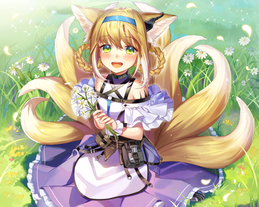 1girl :d animal_ear_fluff animal_ears arknights bare_shoulders blonde_hair blue_hairband braid commentary day flower frilled_skirt frills grass hair_rings hairband highres holding holding_flower infection_monitor_(arknights) ion_(on01e) looking_at_viewer multicolored_hair multiple_tails on_grass open_mouth outdoors pleated_skirt purple_skirt revision shirt sidelocks skirt smile solo sparkle sunlight suzuran_(arknights) tail twin_braids two-tone_hair white_flower white_hair white_shirt