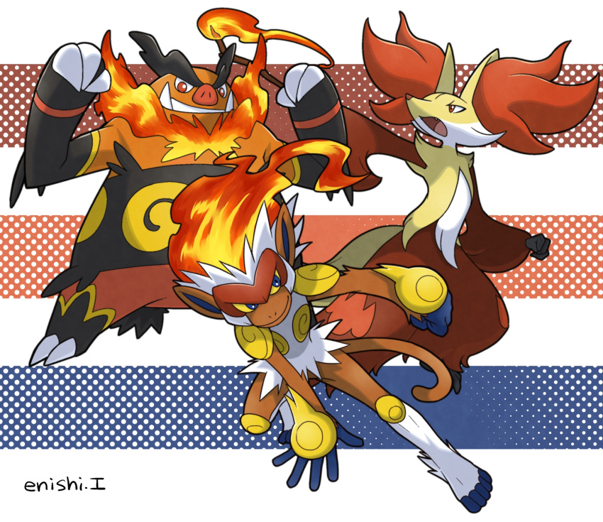 commentary_request creature delphox emboar enishi_(menkura-rin10) gen_4_pokemon gen_5_pokemon gen_6_pokemon highres infernape looking_at_viewer no_humans pokemon pokemon_(creature) signature striped striped_background