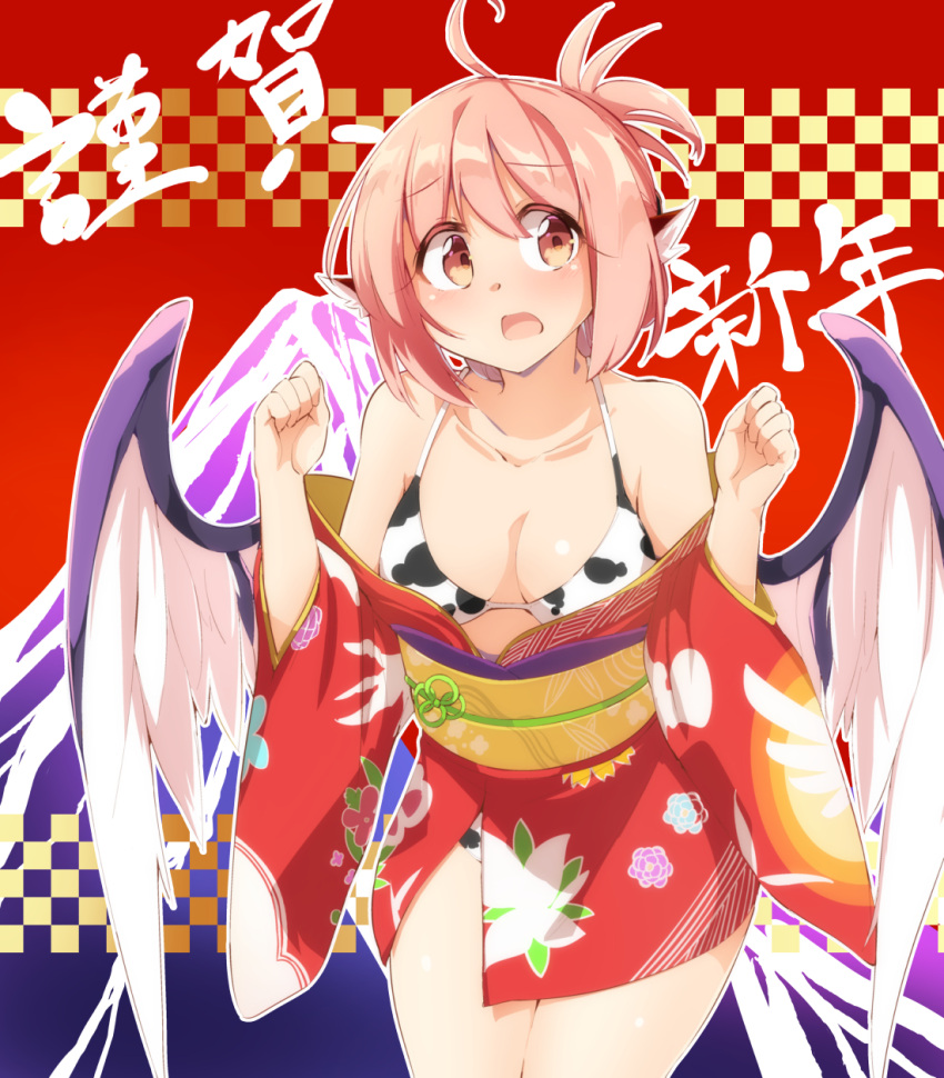 1girl animal_ears animal_print bikini bird_wings blush breasts chinese_zodiac collarbone cow_print cowboy_shot feathered_wings floral_print flying_sweatdrops hair_up happy_new_year highres japanese_clothes kimono large_breasts moja_(moja4192) mystia_lorelei new_year obi open_mouth pink_hair red_kimono sash short_hair solo swimsuit thighs touhou white_wings wings year_of_the_ox yellow_eyes