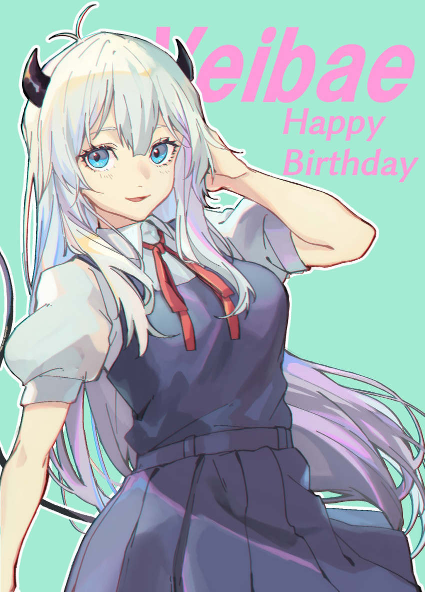 1girl aqua_background bangs blue_eyes blue_skirt breasts character_name english_commentary hair_between_eyes happy_birthday highres horns indie_virtual_youtuber kiikuni leaning_back long_hair looking_to_the_side medium_breasts open_mouth school_uniform silver_hair skirt smile solo vei_(vtuber) very_long_hair virtual_youtuber