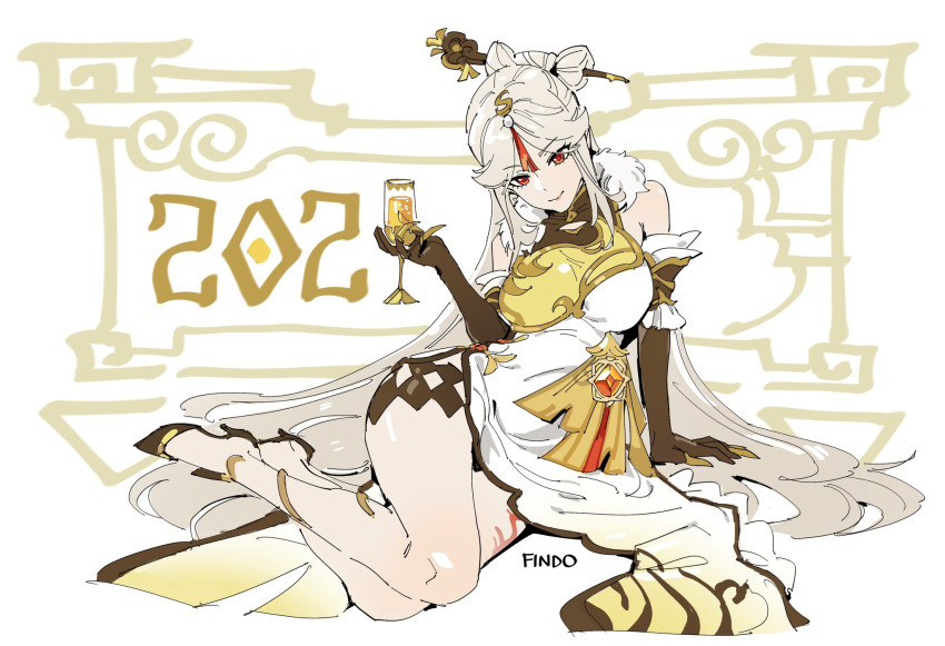 1girl 2021 alcohol bare_shoulders breasts champagne china_dress chinese_clothes dress elbow_gloves findoworld full_body genshin_impact gloves hair_ornament high_heels highres large_breasts legs long_hair looking_at_viewer new_year ningguang red_eyes solo white_hair