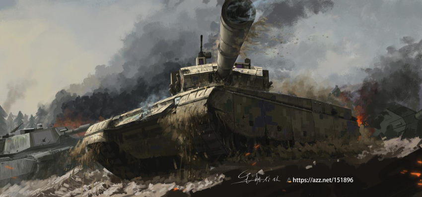 caterpillar_tracks chinese_commentary clouds commentary_request day fire forest ground_vehicle gun highres m1_abrams machine_gun military military_vehicle motor_vehicle nature no_humans original people's_liberation_army shouhui_lang_qun signature sky smoke tank tree type_99_tank weapon