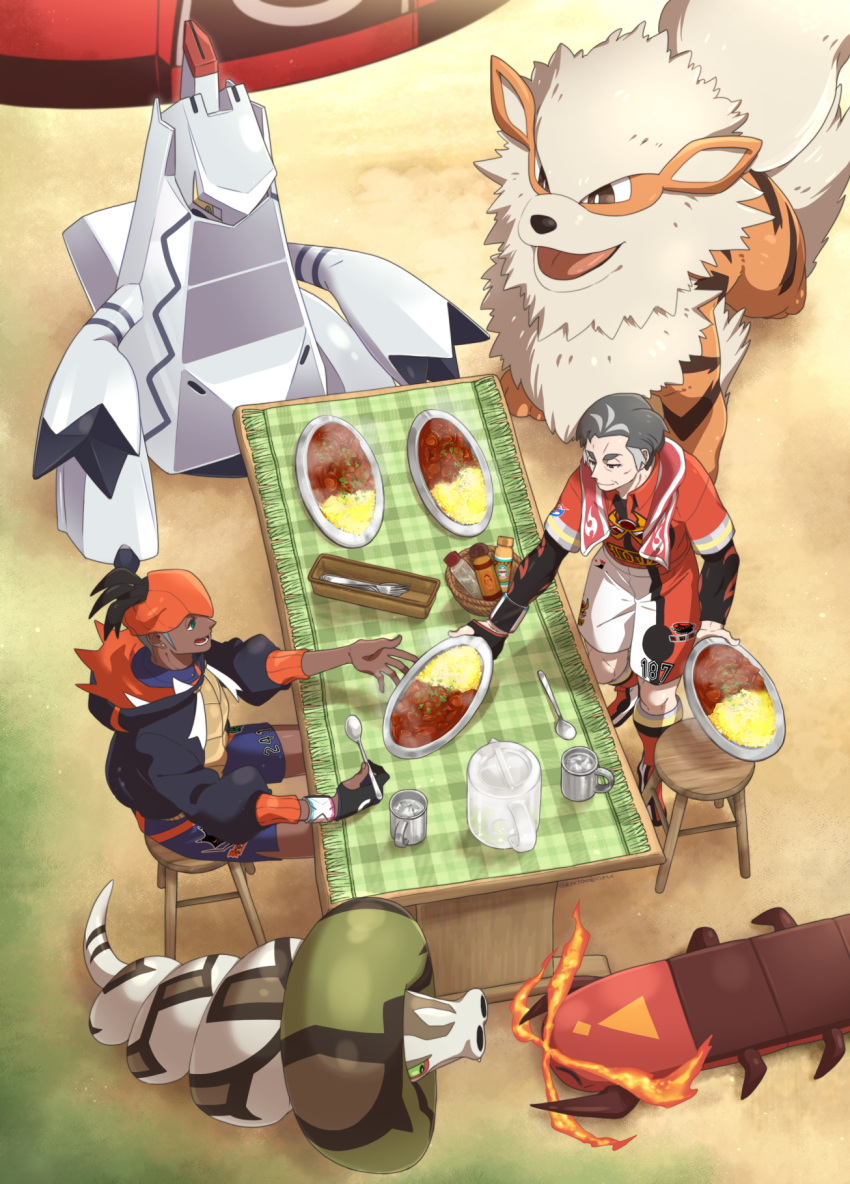 2boys arcanine batabiru black_hair black_hoodie bowl centiskorch closed_mouth collared_shirt commentary_request cup curry dark_skin dark_skinned_male day duraludon dynamax_band earrings food gen_1_pokemon gen_8_pokemon gloves gym_leader highres holding holding_plate holding_spoon hood hoodie jewelry kabu_(pokemon) knees male_focus multicolored_hair multiple_boys open_mouth outdoors partially_fingerless_gloves plate pokemon pokemon_(creature) pokemon_(game) pokemon_swsh raihan_(pokemon) red_legwear sandaconda shirt shoes short_sleeves shorts side_slit side_slit_shorts single_glove sitting socks spoon standing stool table towel towel_around_neck two-tone_hair