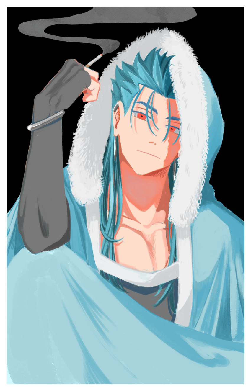 1boy absurdres black_background blue_hair bracelet cape cigarette closed_mouth collarbone cu_chulainn_(fate)_(all) cu_chulainn_(fate/grand_order) earrings expressionless fate/grand_order fate_(series) fur-trimmed_hood fur_trim highres holding holding_cigarette hood hood_up hooded_cape ima_yonderu jewelry long_hair looking_at_viewer male_focus red_eyes simple_background skin_tight smoke solo spiky_hair type-moon