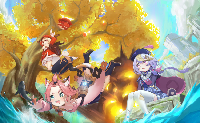 3girls absurdres ahoge animal_ear_fluff animal_ears backpack bag bangs bead_necklace beads blonde_hair blush boots braid cat_tail clouds cloudy_sky coin coin_hair_ornament diona_(genshin_impact) dress explosion fang fish full_body genshin_impact green_eyes hair_between_eyes hat hat_feather highres jewelry jumping klee_(genshin_impact) knee_boots long_hair long_sleeves low_twintails mountain multiple_girls necklace open_mouth pink_hair pointy_ears purple_hair purple_headwear qing_guanmao qiqi red_dress red_eyes red_headwear saliva short_hair sky sleeves_past_wrists smile sunlight tail talisman thigh-highs tree twintails violet_eyes white_feathers white_legwear wide_sleeves xujiankao