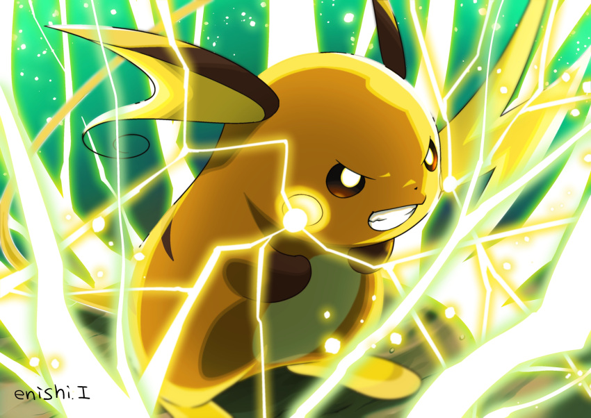 black_eyes clenched_teeth commentary_request creature electricity enishi_(menkura-rin10) gen_1_pokemon green_background highres no_humans pokemon pokemon_(creature) raichu signature simple_background solo standing teeth