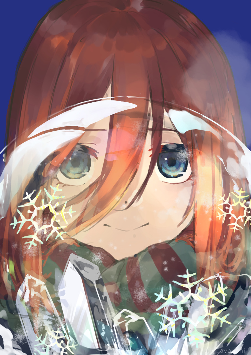 1girl absurdres ayauchi blue_background blue_eyes brown_hair dome go-toubun_no_hanayome hair_between_eyes highres ice long_hair looking_at_viewer nakano_miku scarf simple_background smile snowflakes solo
