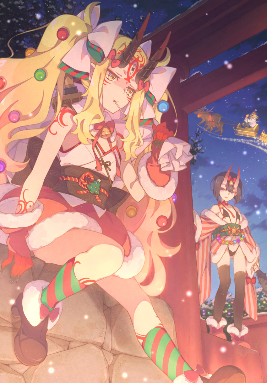 2girls black_legwear bob_cut breasts christmas facial_mark fate/grand_order fate_(series) fingernails flat_chest forehead_mark highres horns ibaraki_douji_(fate/grand_order) long_hair multiple_girls night oni oni_horns pointy_ears purple_hair revealing_clothes saipaco santa_costume short_hair shuten_douji_(fate/grand_order) skin-covered_horns snow thigh-highs very_long_hair violet_eyes yellow_eyes