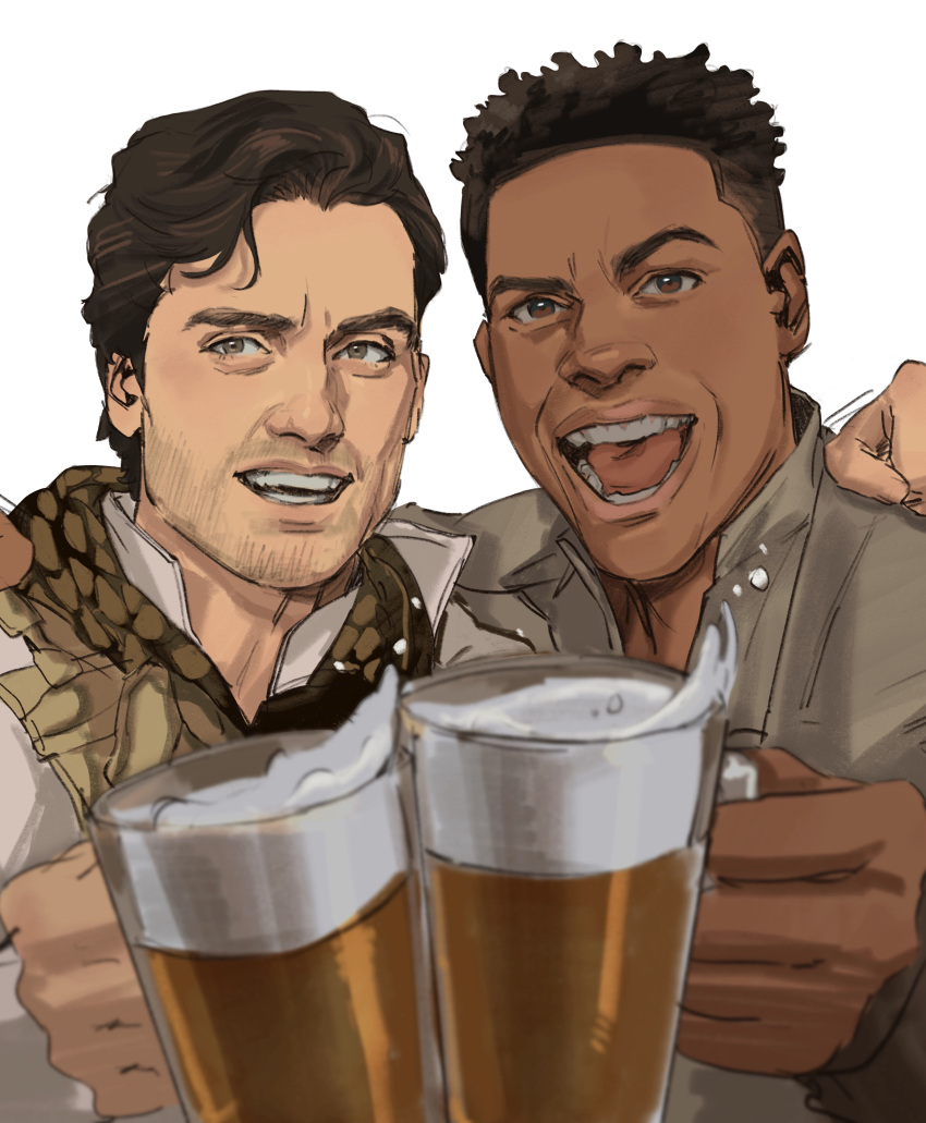 2boys :d absurdres alcohol arm_around_shoulder beer beer_mug black_hair brown_eyes brown_hair brown_jacket brown_scarf collared_shirt commentary cup dark_skin dark_skinned_male english_commentary facial_hair finn_(star_wars) foam grin hand_on_another's_shoulder happy highres holding holding_cup jacket long_sleeves looking_at_viewer male_focus mug multiple_boys open_mouth poe_dameron scarf shirt short_hair side-by-side simple_background smile star_wars star_wars:_the_rise_of_skywalker teeth thisuserisalive tongue upper_body white_background white_shirt