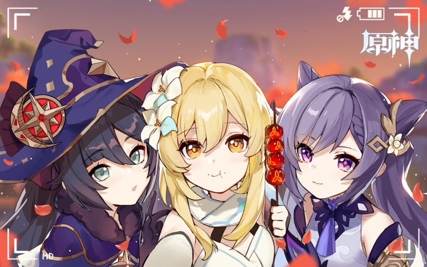 3girls :t artist_request bare_shoulders black_hair blonde_hair blue_eyes blue_headwear blurry braid capelet choker depth_of_field detached_sleeves dress eating flower genshin_impact hair_ears hair_flower hair_ornament hat holding keqing_(genshin_impact) long_hair looking_at_viewer lumine_(genshin_impact) mona_(genshin_impact) multiple_girls official_art orange_eyes outdoors parted_lips petals purple_hair self_shot sidelocks smile third-party_source twintails upper_body viewfinder violet_eyes white_dress witch_hat