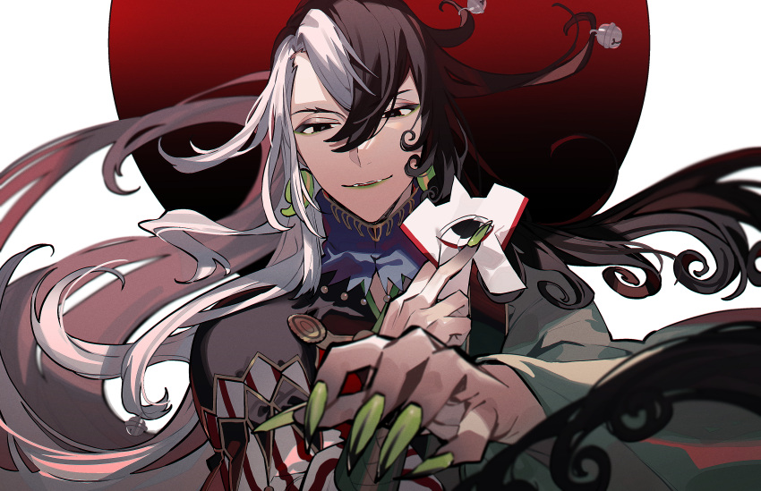 1boy absurdres ashiya_douman_(fate) asymmetrical_clothes asymmetrical_hair bell black_eyes black_hair curly_hair earrings fate/grand_order fate_(series) fingernails floating_hair green_eyeshadow green_kimono green_lipstick green_nails hair_bell hair_between_eyes hair_intakes hair_ornament highres holding japanese_clothes jewelry kimono lipstick long_hair magatama magatama_earrings makeup male_focus moon multicolored_hair open_clothes open_kimono parted_lips red_moon ribbed_sleeves sharp_fingernails shikigami shuukenyuu smile solo two-tone_hair upper_body very_long_fingernails very_long_hair white_hair