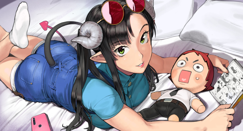 1girl ass black_hair book breasts character_doll curled_horns demon_girl demon_tail denim denim_shorts dera_(talez01) eyewear_on_head feet_up green_eyes horns long_hair looking_at_viewer lying manga_(object) medium_breasts on_bed on_stomach open_book original pillow pointy_ears reading red-framed_eyewear red-tinted_eyewear red_tail sheep_horns shirt shorts smile socks solo sunglasses t-shirt tail talez01 the_pose tinted_eyewear twintails