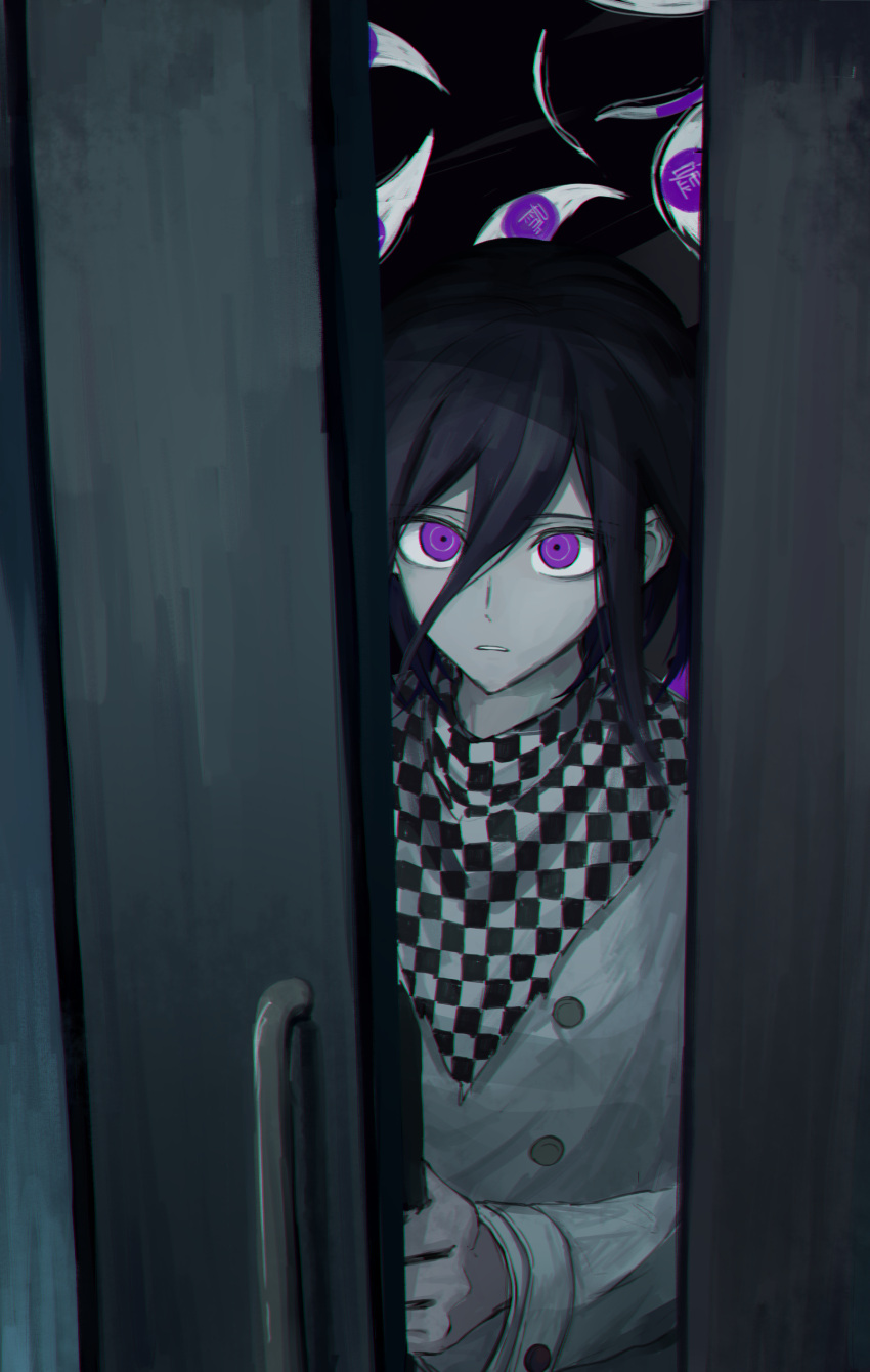 1boy absurdres bangs black_hair checkered checkered_neckwear checkered_scarf commentary_request dangan_ronpa_(series) dangan_ronpa_v3:_killing_harmony door eyes glowing glowing_eyes grey_jacket hair_between_eyes highres holding indoors iumi_urura jacket long_sleeves looking_at_viewer male_focus medium_hair open_door opening_door ouma_kokichi scarf solo staring straitjacket upper_body violet_eyes