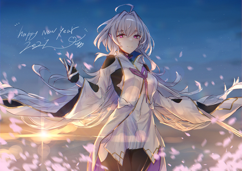 1girl 2021 absurdres ahoge backlighting bangs black_gloves black_pants breasts closed_mouth fate/grand_order fate/prototype fate_(series) fingerless_gloves gloves happy_new_year highres hitomin_(ksws7544) holding holding_staff huge_filesize long_hair long_sleeves looking_at_viewer medium_breasts merlin_(fate/prototype) new_year pants petals smile staff sunset thighs very_long_hair violet_eyes white_hair white_robe wide_sleeves