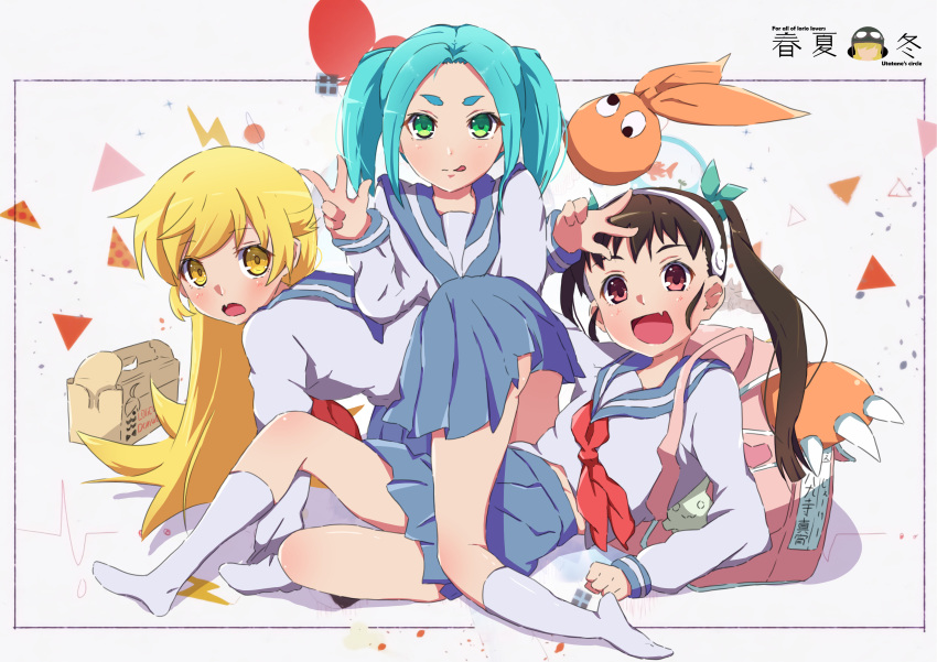 3girls :p absurdres aqua_hair backpack bag bakemonogatari blonde_hair blush box brown_eyes brown_hair drawdream1025 dress fallen_down fang green_eyes hachikuji_mayoi headband highres long_hair looking_at_viewer lying monogatari_(series) multiple_girls on_back ononoki_yotsugi open_mouth oshino_shinobu ponytail sailor_collar sailor_dress short_hair sidelocks signature simple_background skin_fang smile tongue tongue_out twintails uniform v vampire white_background white_headwear white_legwear yellow_eyes