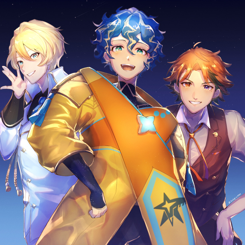 3boys absurdres aqua_eyes artist_name asagiri0700 astel_leda blonde_hair blue_eyes blue_hair clenched_hand collared_shirt heterochromia highres holostars jacket kishido_temma looking_at_viewer male_focus mole mole_under_eye multicolored_hair multiple_boys open_mouth orange_hair shirt smile space streaked_hair suntempo v-shaped_eyebrows vest virtual_youtuber waving yukoku_roberu