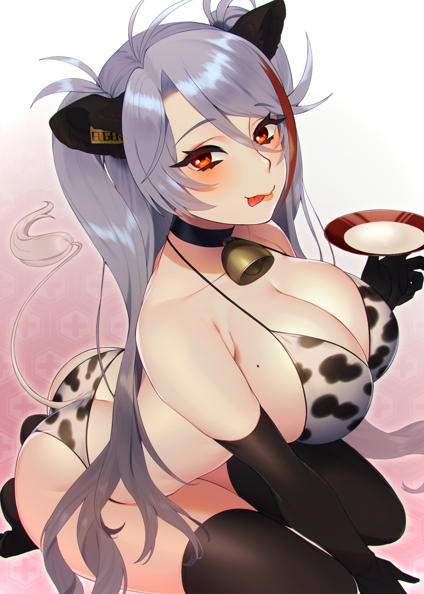 1girl animal_ears animal_print ass azur_lane bell bell_choker black_choker black_gloves black_legwear breasts character_name choker cow_girl cow_print cow_tail eyebrows_visible_through_hair gloves highres large_breasts light_purple_hair long_hair mimiko_(fuji_310) mole mole_on_breast multicolored_hair prinz_eugen_(azur_lane) red_eyes redhead solo streaked_hair tail tongue tongue_out twintails