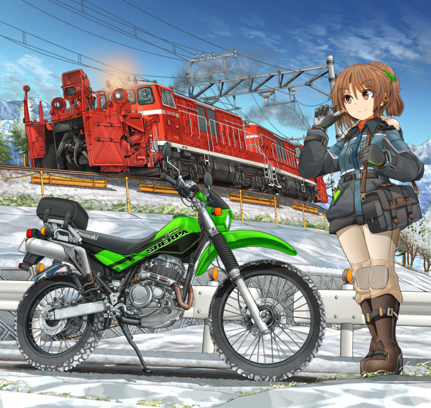 1girl absurdres bag bangs blue_sky boots brown_eyes brown_footwear brown_hair carrying closed_mouth coat commentary_request day eyebrows_visible_through_hair gloves green_ribbon grey_coat grey_gloves ground_vehicle hair_ribbon hand_in_hair highres kawasaki kawasaki_kl250g knee_pads locomotive logo long_sleeves looking_to_the_side medium_hair mikeran_(mikelan) motor_vehicle motorcycle original outdoors pants partial_commentary ponytail railing ribbon satchel sky smile snow solo standing white_pants