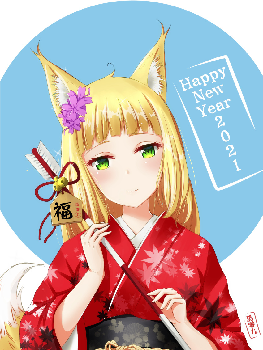 1girl 2021 absurdres animal_ears arrow_(projectile) blonde_hair blush dungeon_ni_deai_wo_motomeru_no_wa_machigatteiru_darou_ka flower fox_ears fox_girl fox_tail green_eyes hair_flower hair_ornament hamaya hands_up happy_new_year highres holding holding_arrow japanese_clothes kimono kitsune kuro_rei_kyuu long_hair looking_at_viewer new_year red_kimono sanjouno_haruhime smile solo tail upper_body yukata