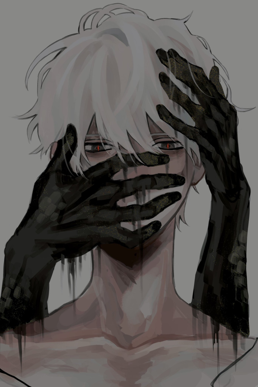 1boy black_eyes collarbone covering_mouth dripping fingernails grey_background hair_between_eyes hand_on_another's_head hand_over_another's_mouth hands highres male_focus original painterly red_pupils shadow simple_background solo sriokorr upper_body white_hair