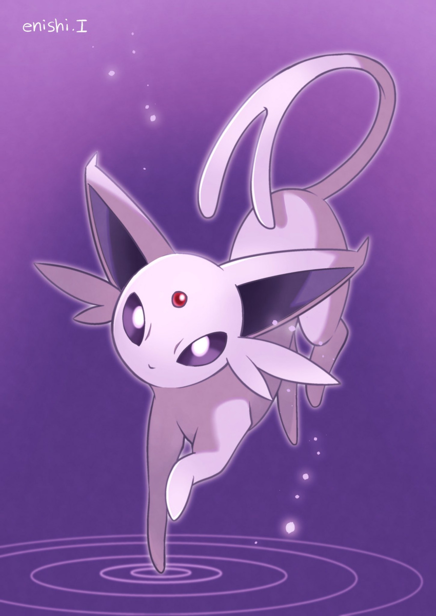 commentary_request creature enishi_(menkura-rin10) espeon floating full_body gen_2_pokemon glowing highres looking_at_viewer no_humans pokemon pokemon_(creature) purple_background purple_theme ripples signature simple_background solo violet_eyes