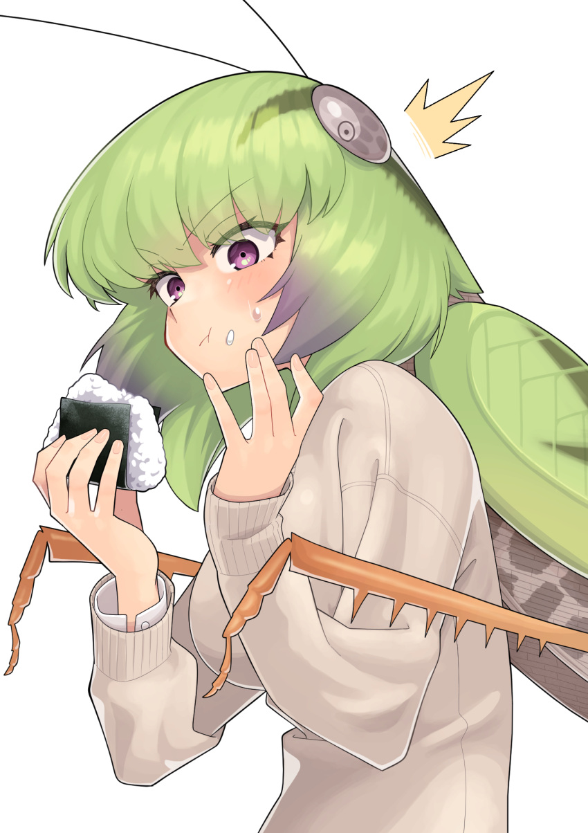 1girl :t bug eating evolvingmonkey eyebrows_visible_through_hair food food_on_face grasshopper grasshopper_inoue green_hair highres insect insect_girl onigiri original rice rice_on_face solo upper_body violet_eyes white_background