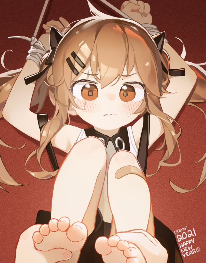 1girl 2021 bandaid bandaid_on_leg bangs barefoot blush bound bound_wrists brown_eyes brown_hair feet girls_frontline grabbing hair_ornament hair_ribbon happy_new_year highres long_hair lying nervous new_year official_alternate_costume on_back out_of_frame ribbon scar scar_across_eye solo_focus sweatdrop tianliang_duohe_fangdongye twintails ump9_(girls_frontline) wavy_mouth younger